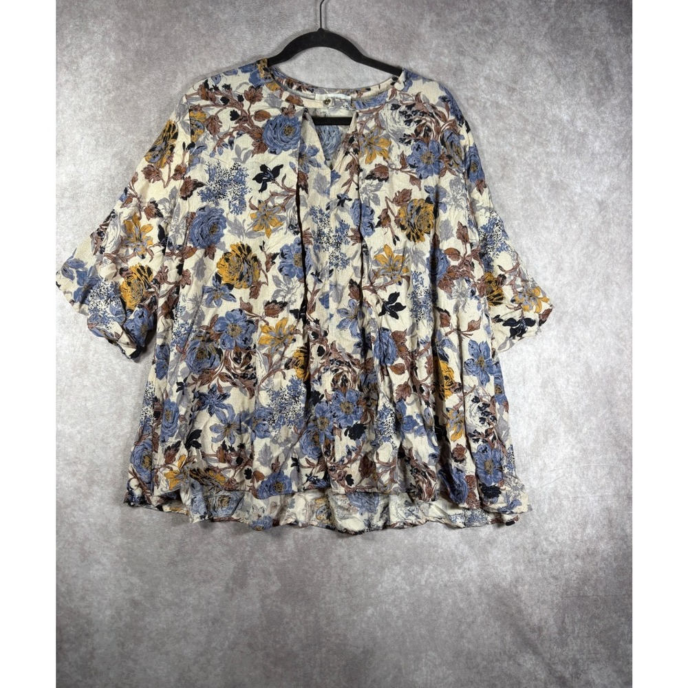 Umgee Blouse Womens XL Blue Floral Boho Peasant Bell Sleeve Tunic Top Peasant